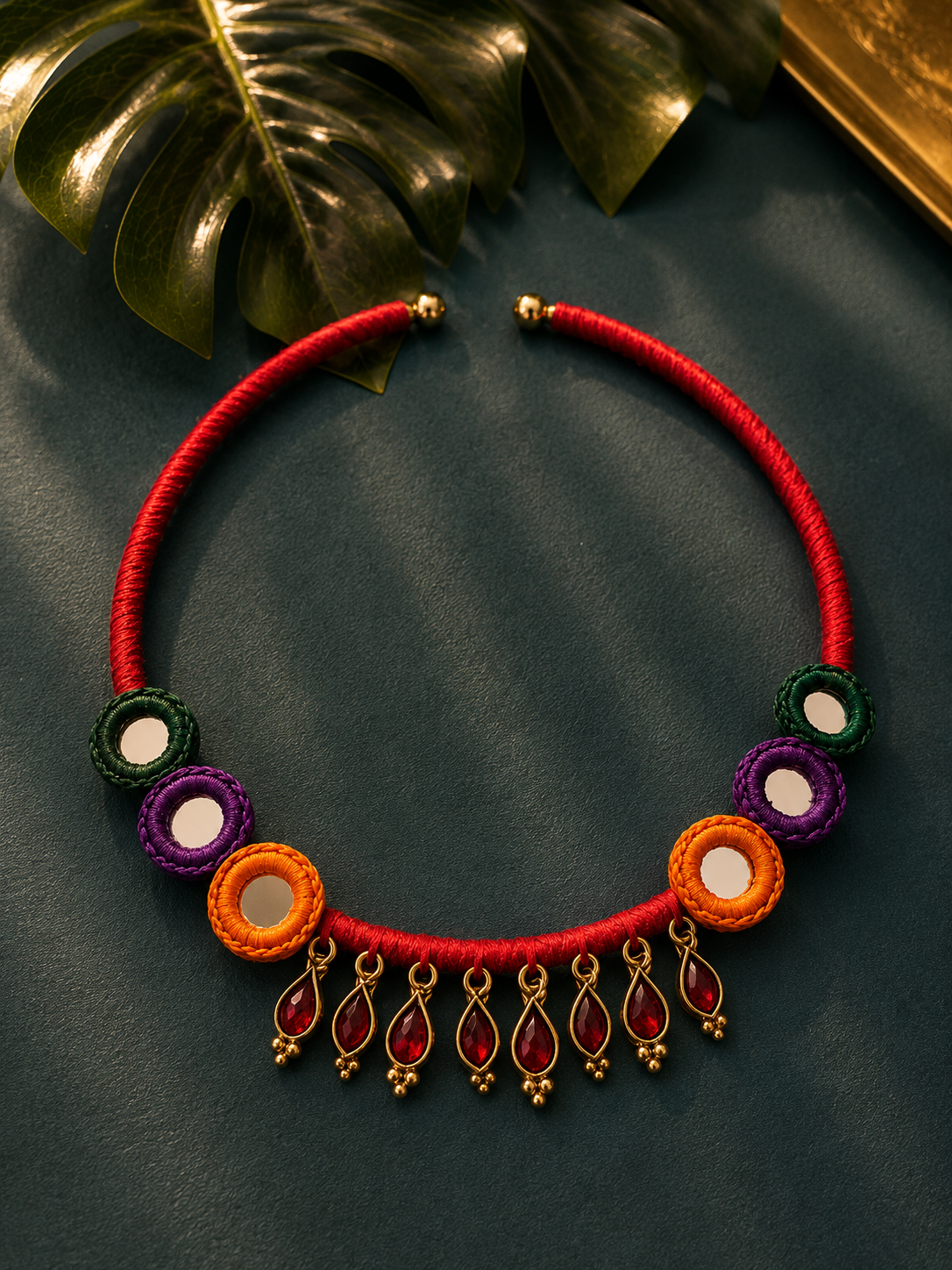 Red mirror work hasli necklace