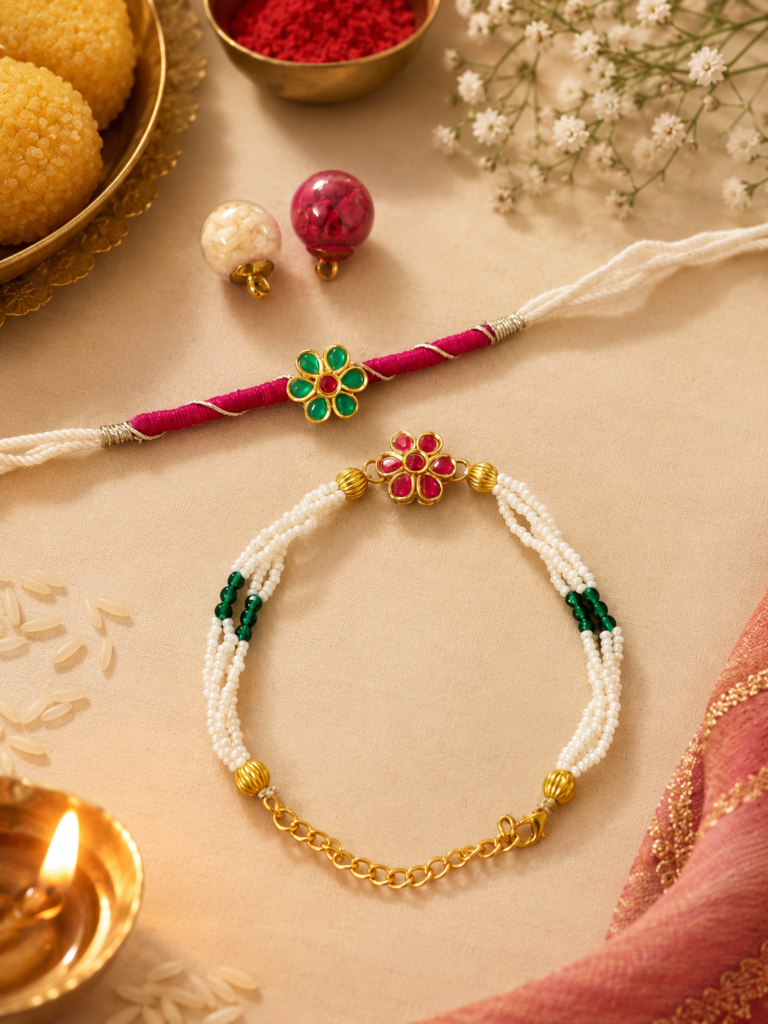 Kundan floral rakhi and bhabhi rakhi