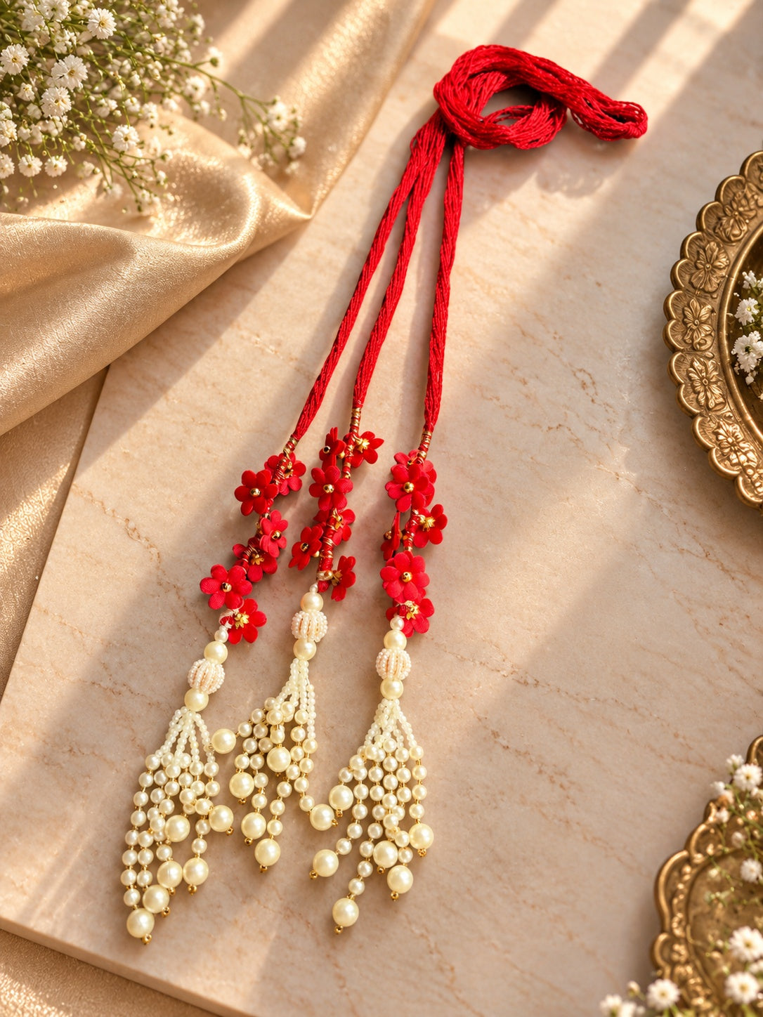 Red floral and pearl parandi