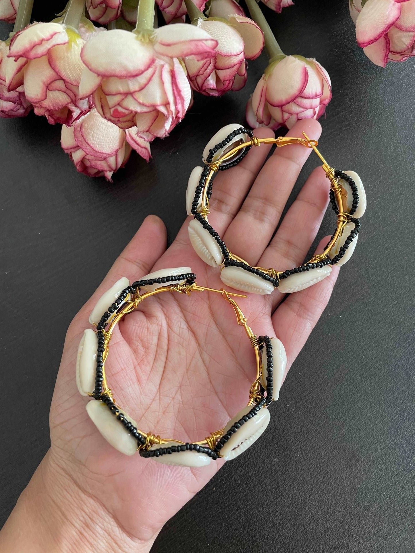 Black beaded shell hoops - Kalakari