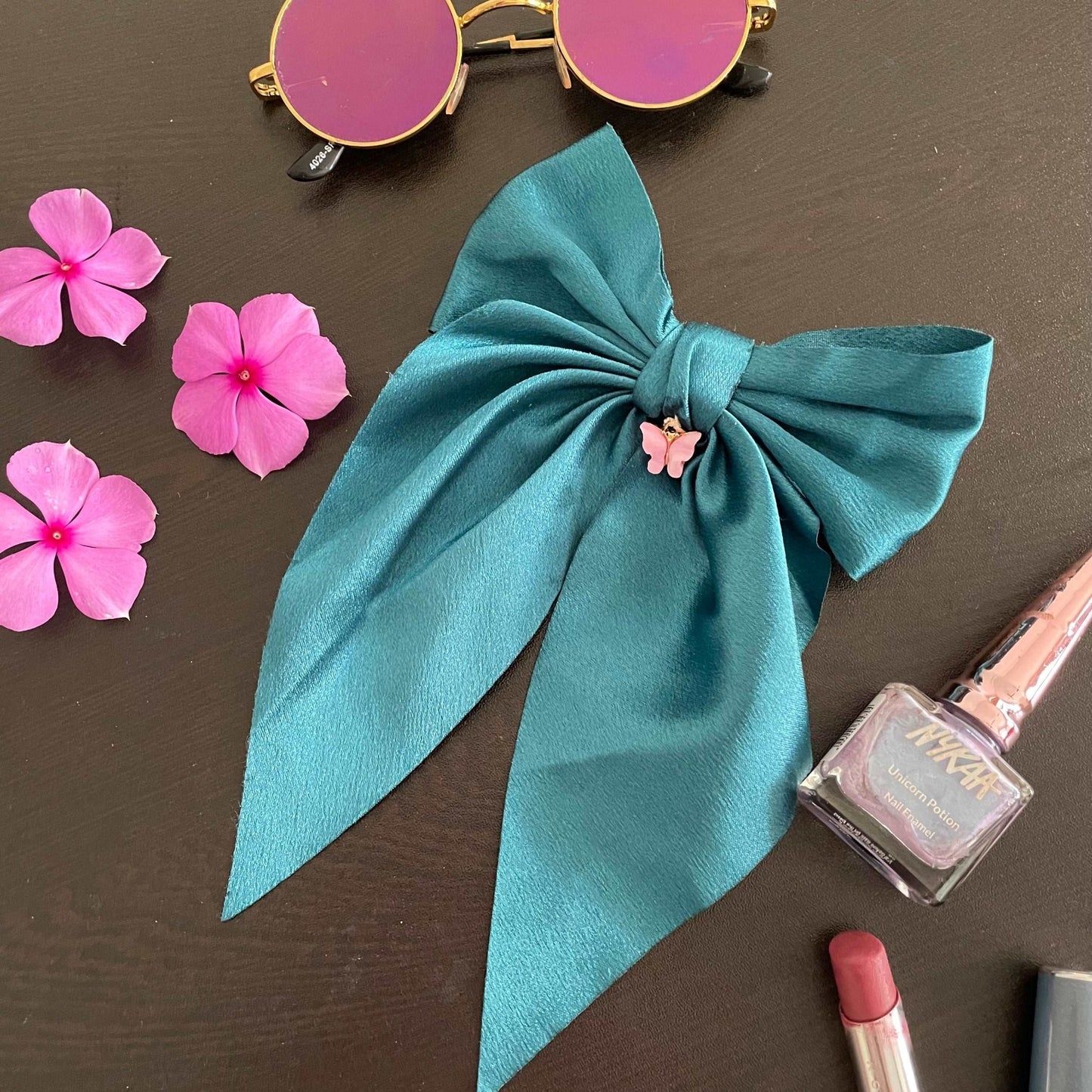 Blue satin hair bow - Kalakari