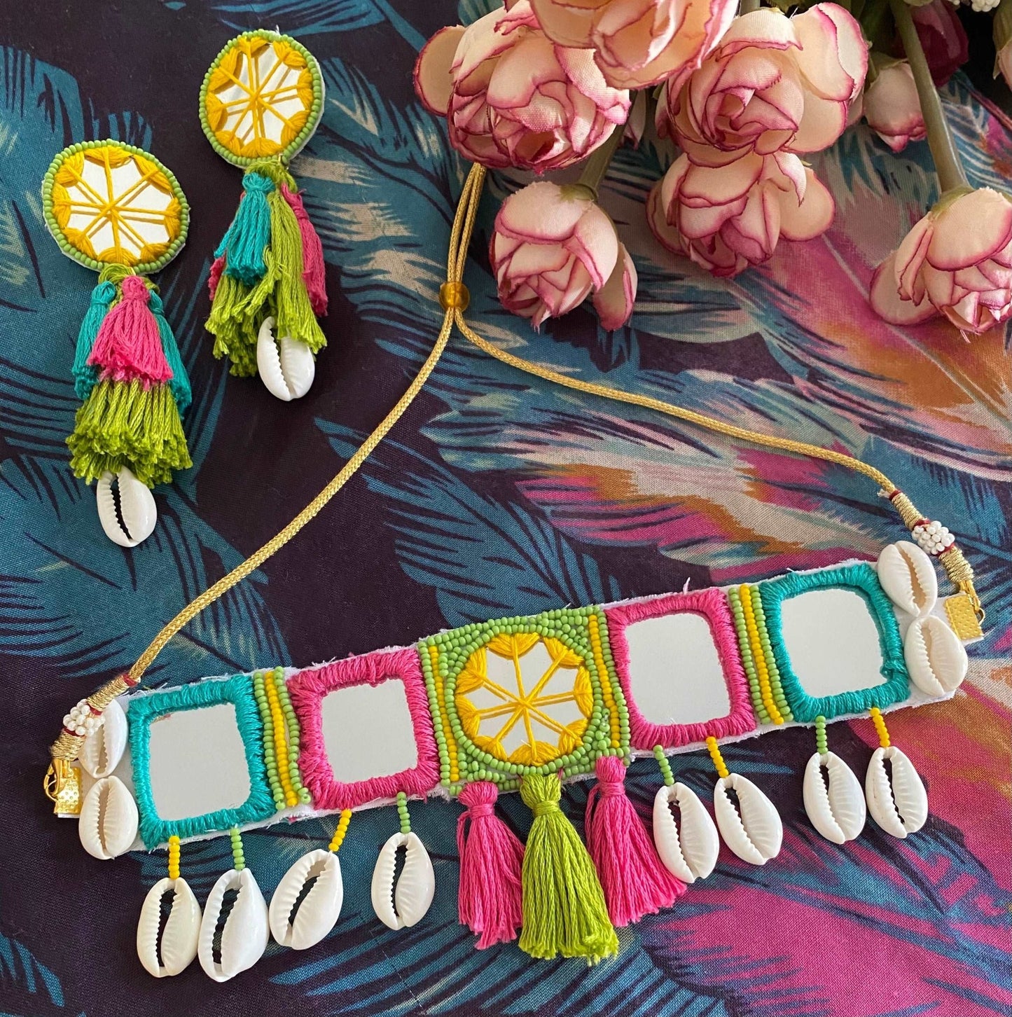 Boho mirror work choker and earrings - Kalakari