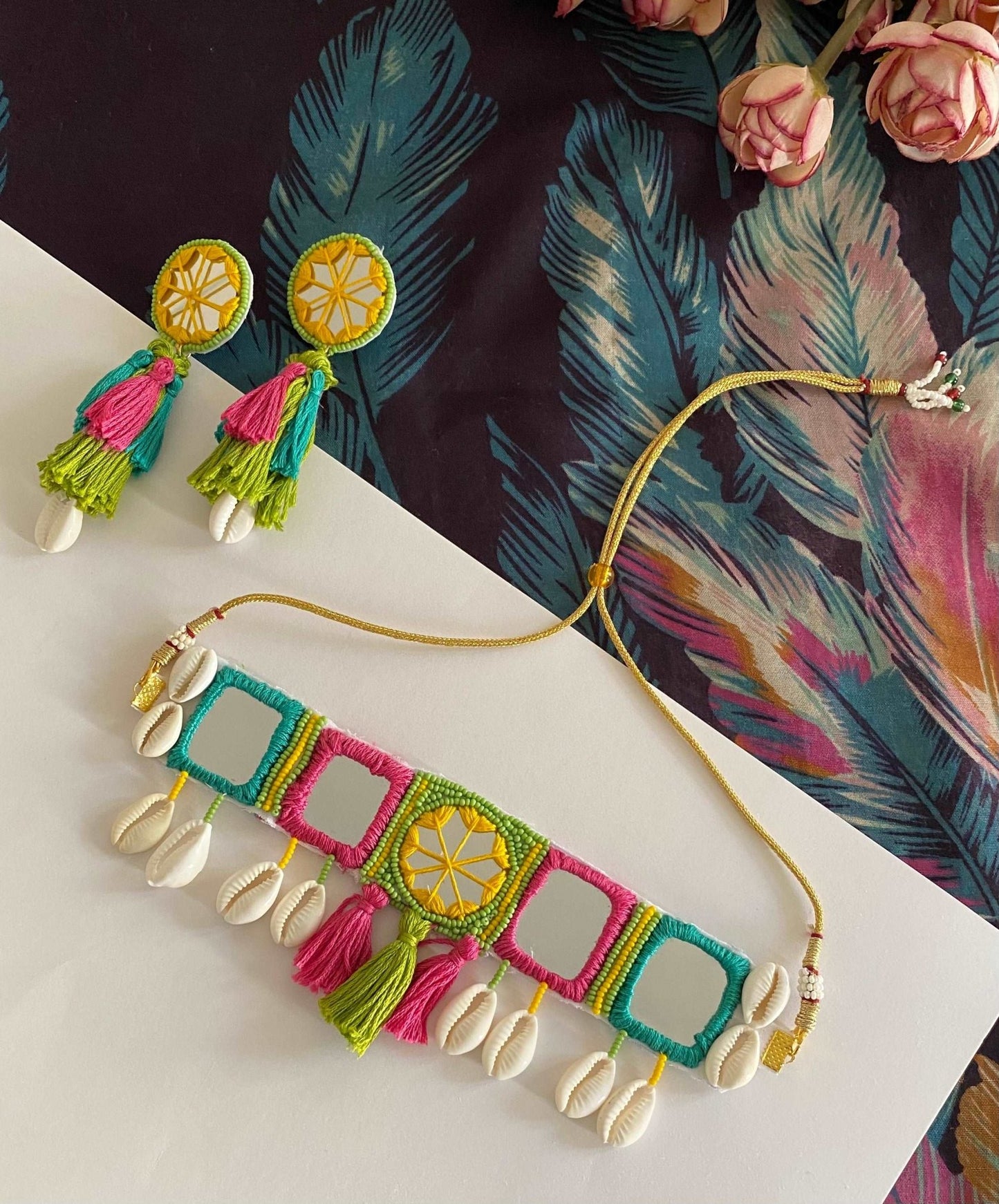 Boho mirror work choker and earrings - Kalakari