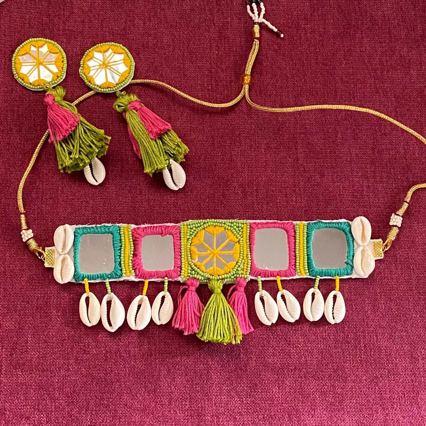 Boho mirror work choker and earrings - Kalakari