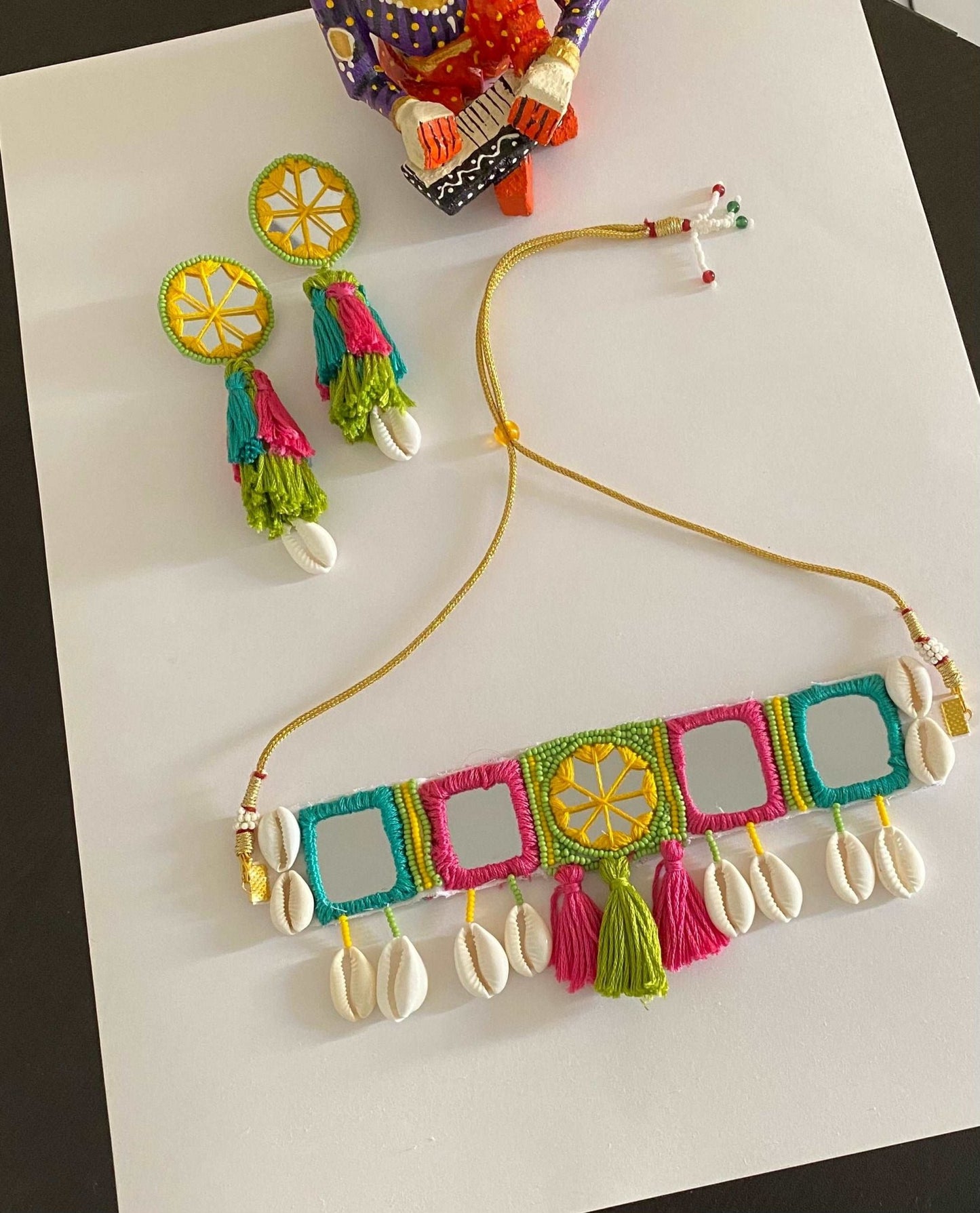 Boho mirror work choker and earrings - Kalakari