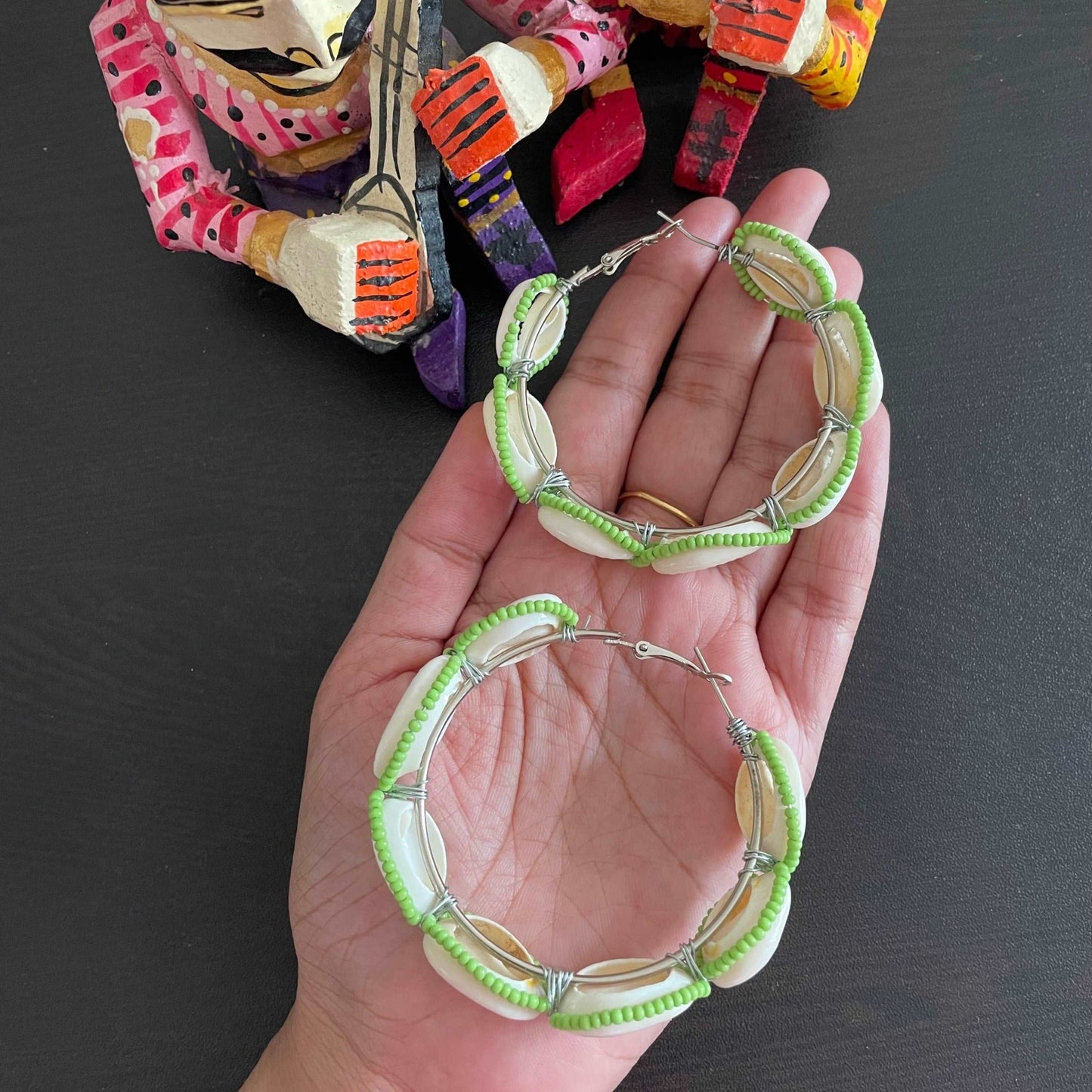 Green beaded shell hoops - Kalakari