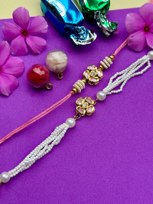 Pink floral kundan rakhi and lumba - Kalakari