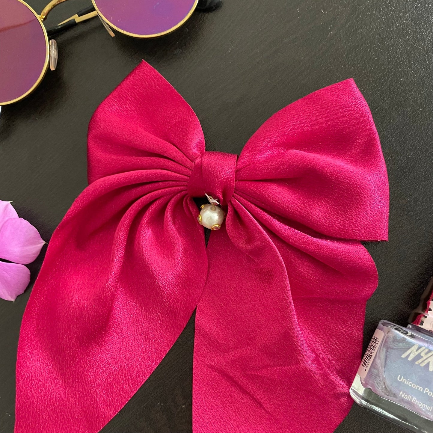 Pink satin hair bow - Kalakari