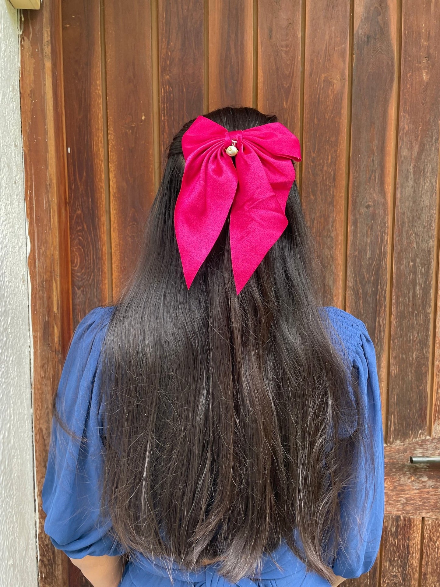 Pink satin hair bow - Kalakari
