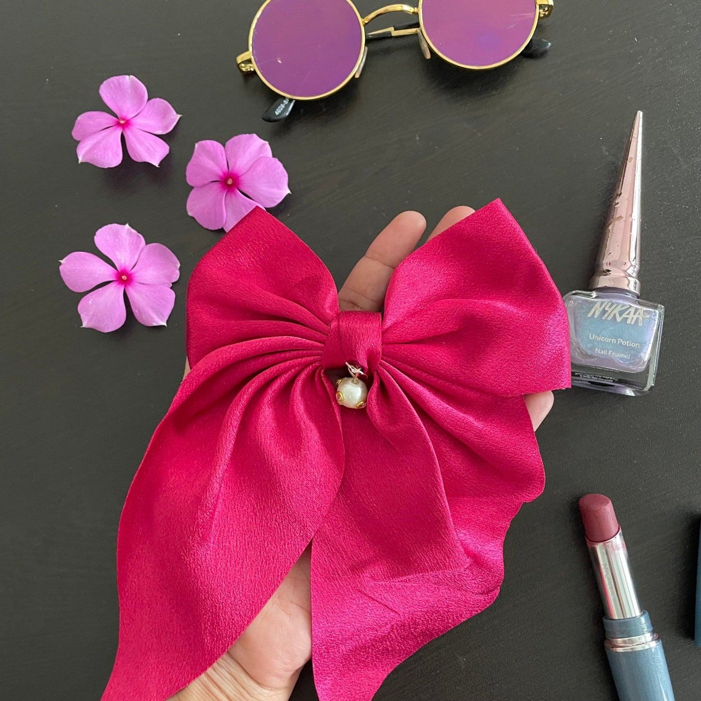 Pink satin hair bow - Kalakari