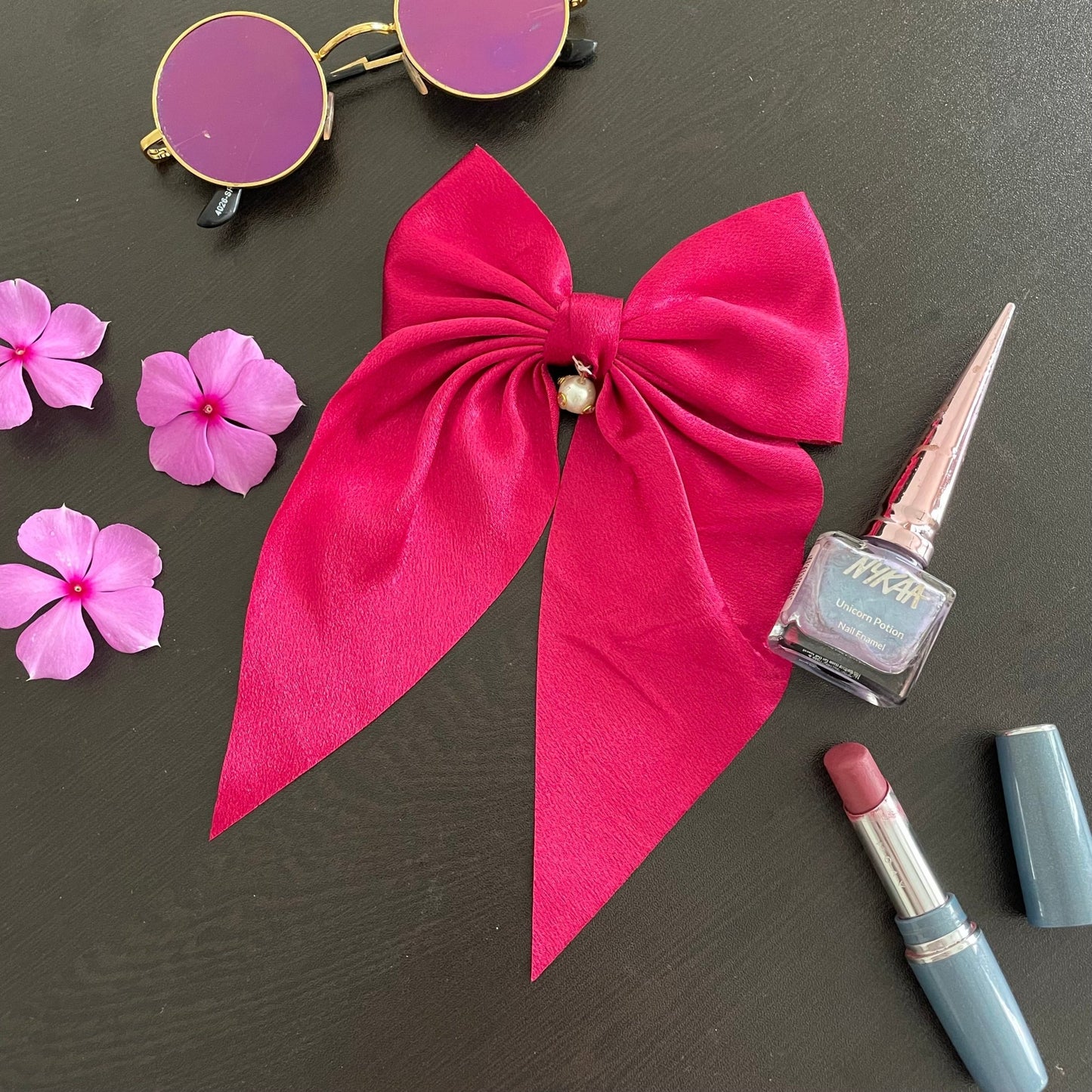 Pink satin hair bow - Kalakari