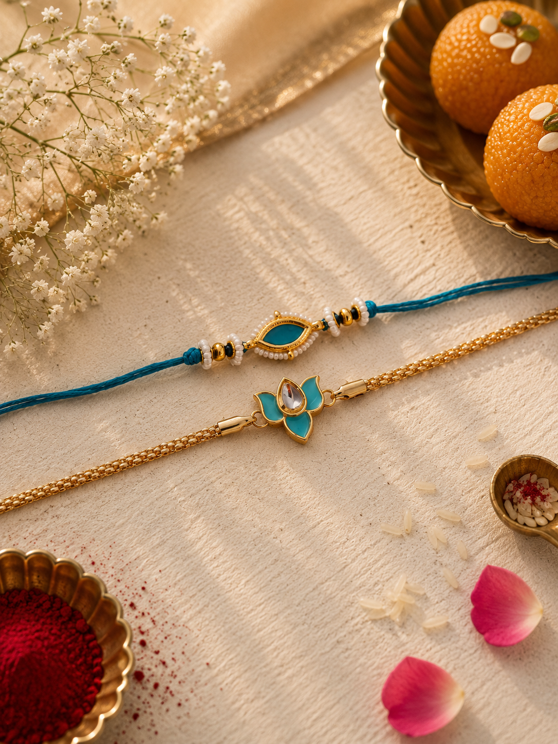 Kundan rakhi and lumba set