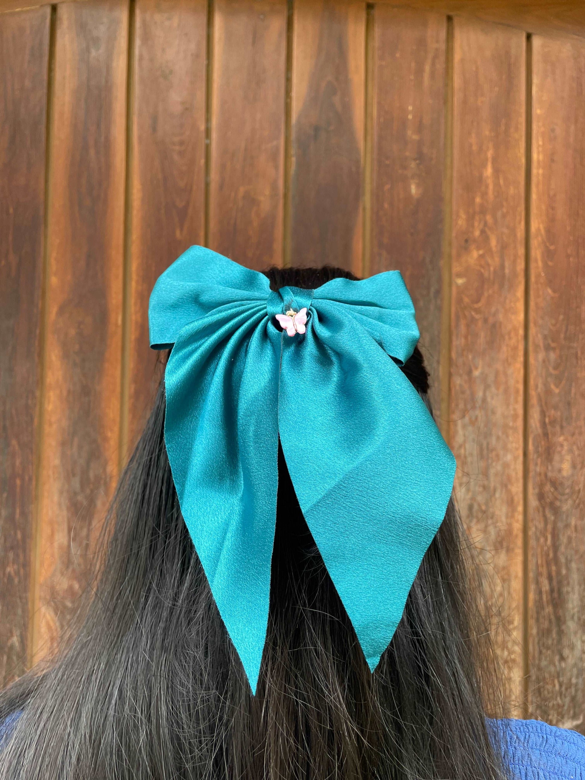 Blue satin hair bow