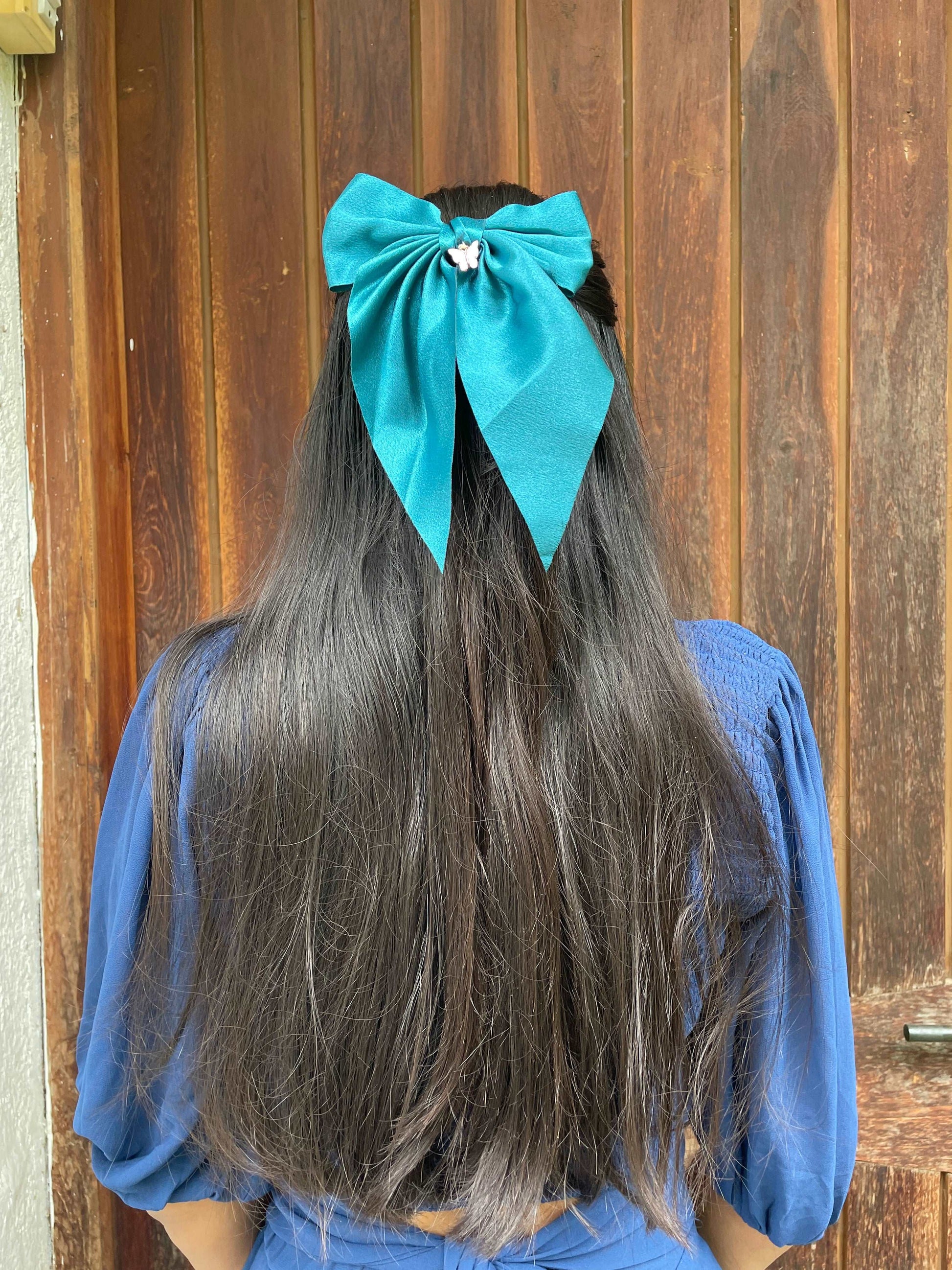 Blue satin hair bow