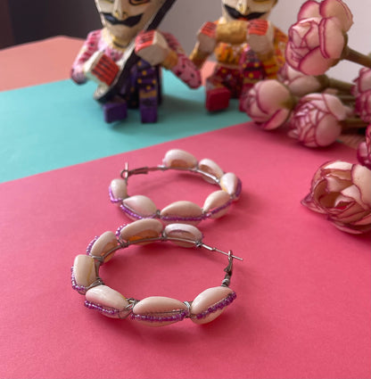 Purple beaded shell hoops