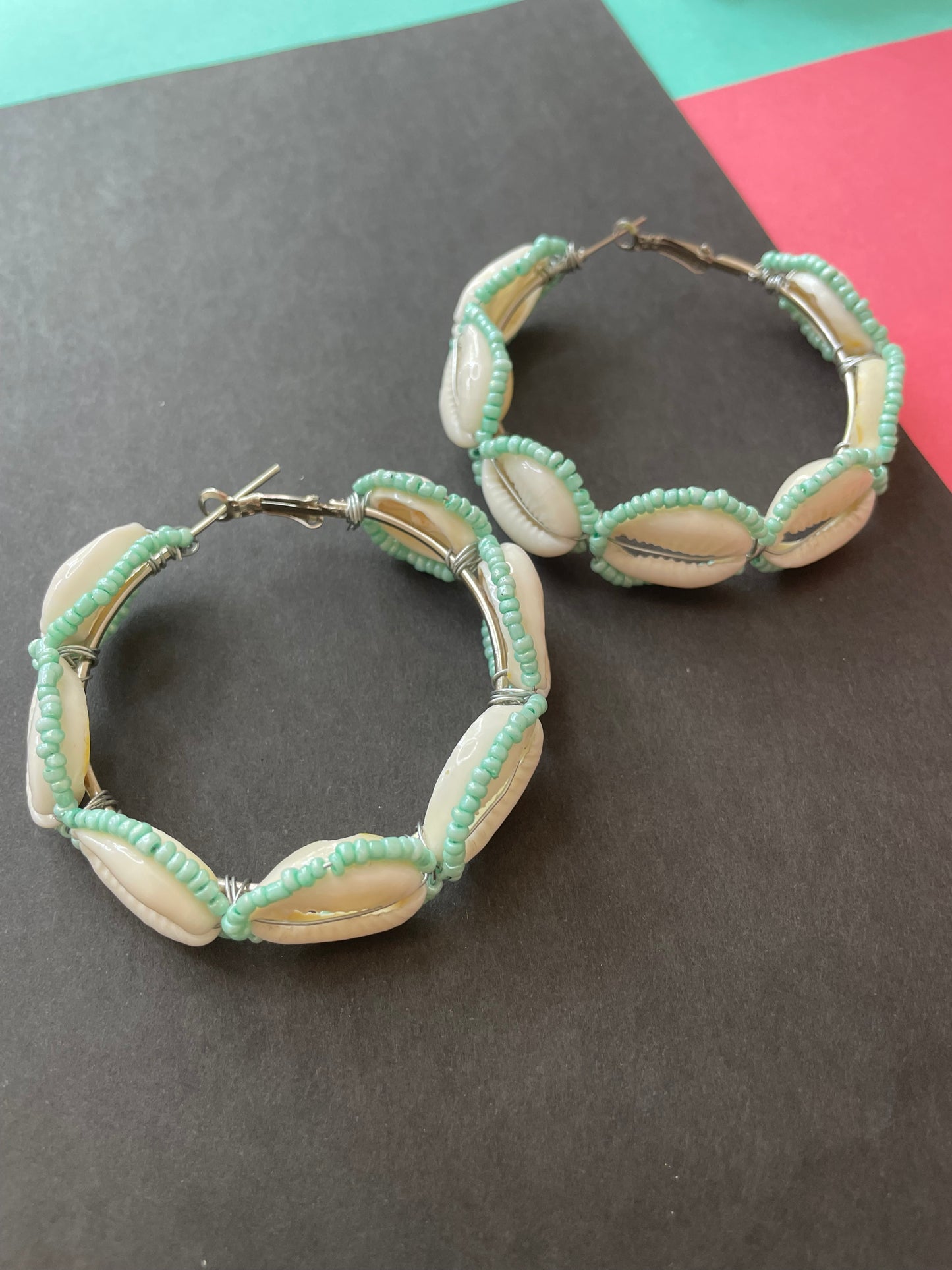 Teal beaded shell hoops