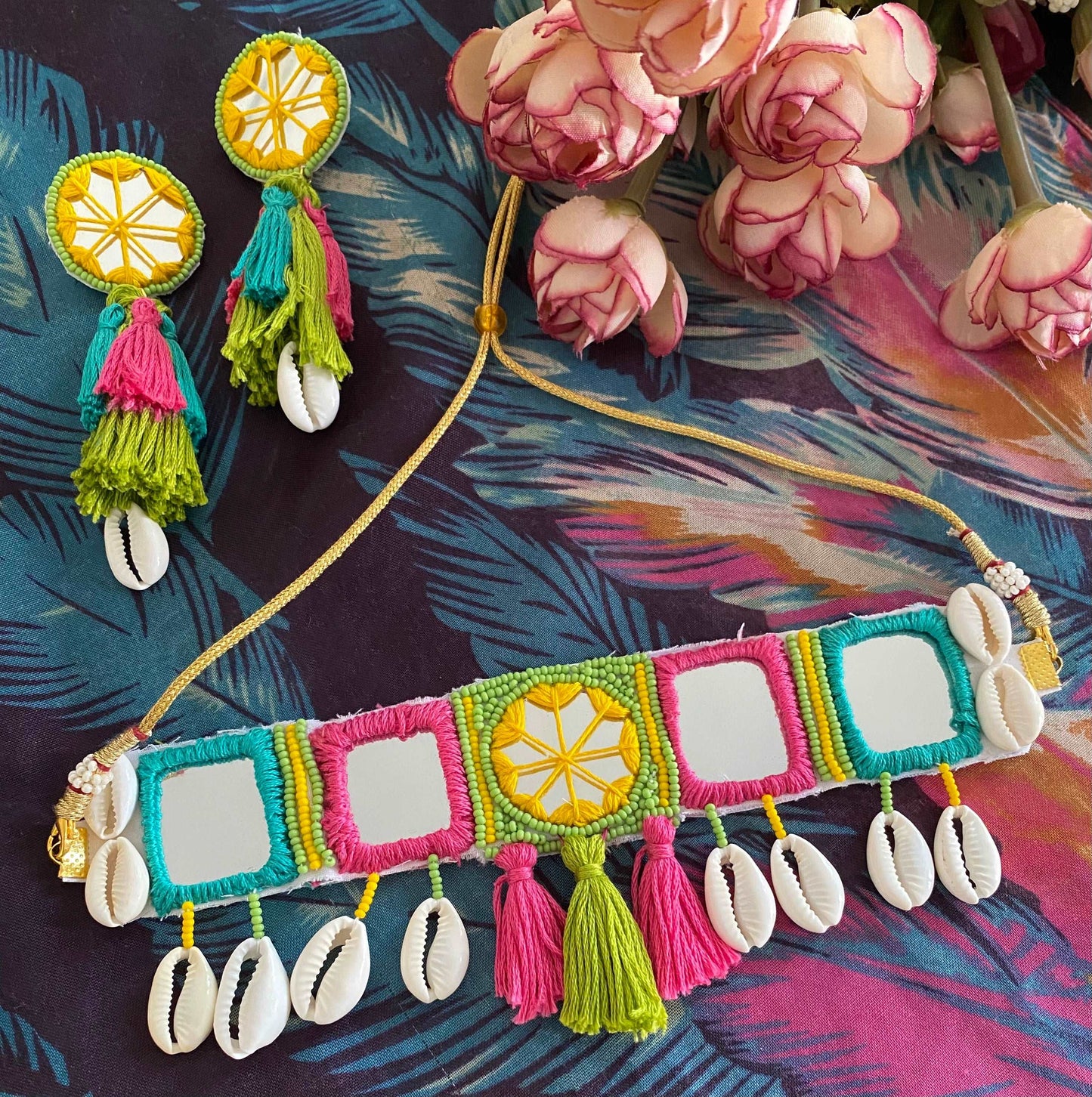 Boho mirror work choker and earrings