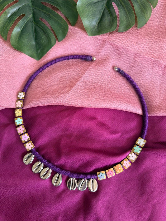 Purple coin and shell hasli necklace