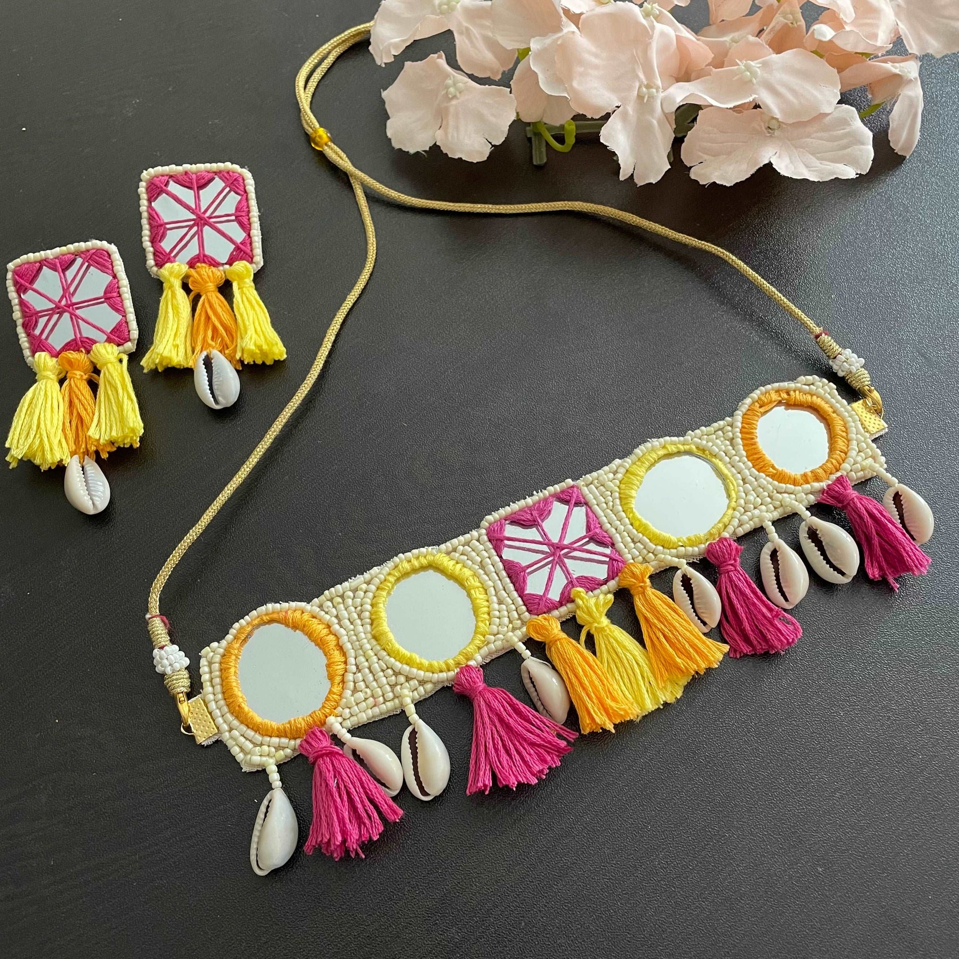 Boho mirror choker and earrings