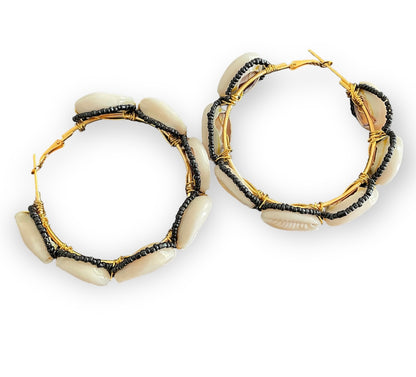 Black beaded shell hoops