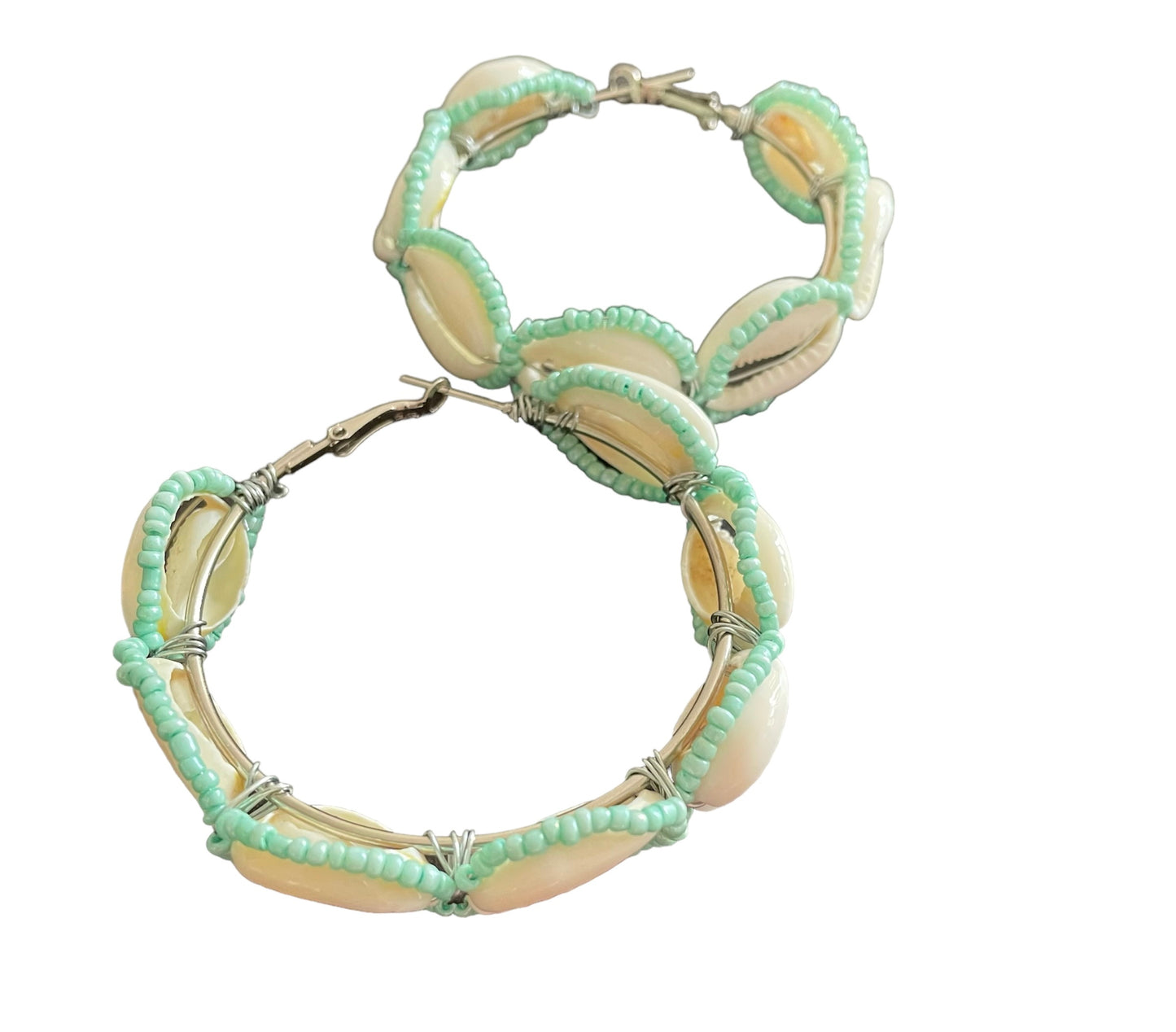 Teal beaded shell hoops