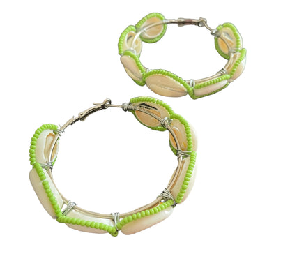 Green beaded shell hoops