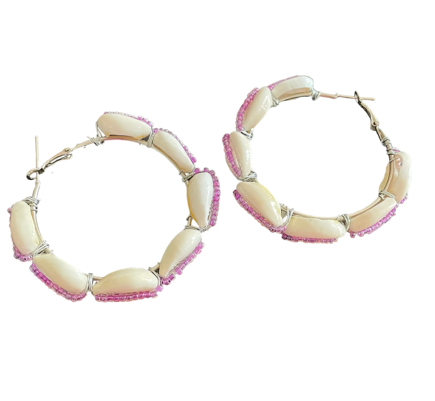 Purple beaded shell hoops