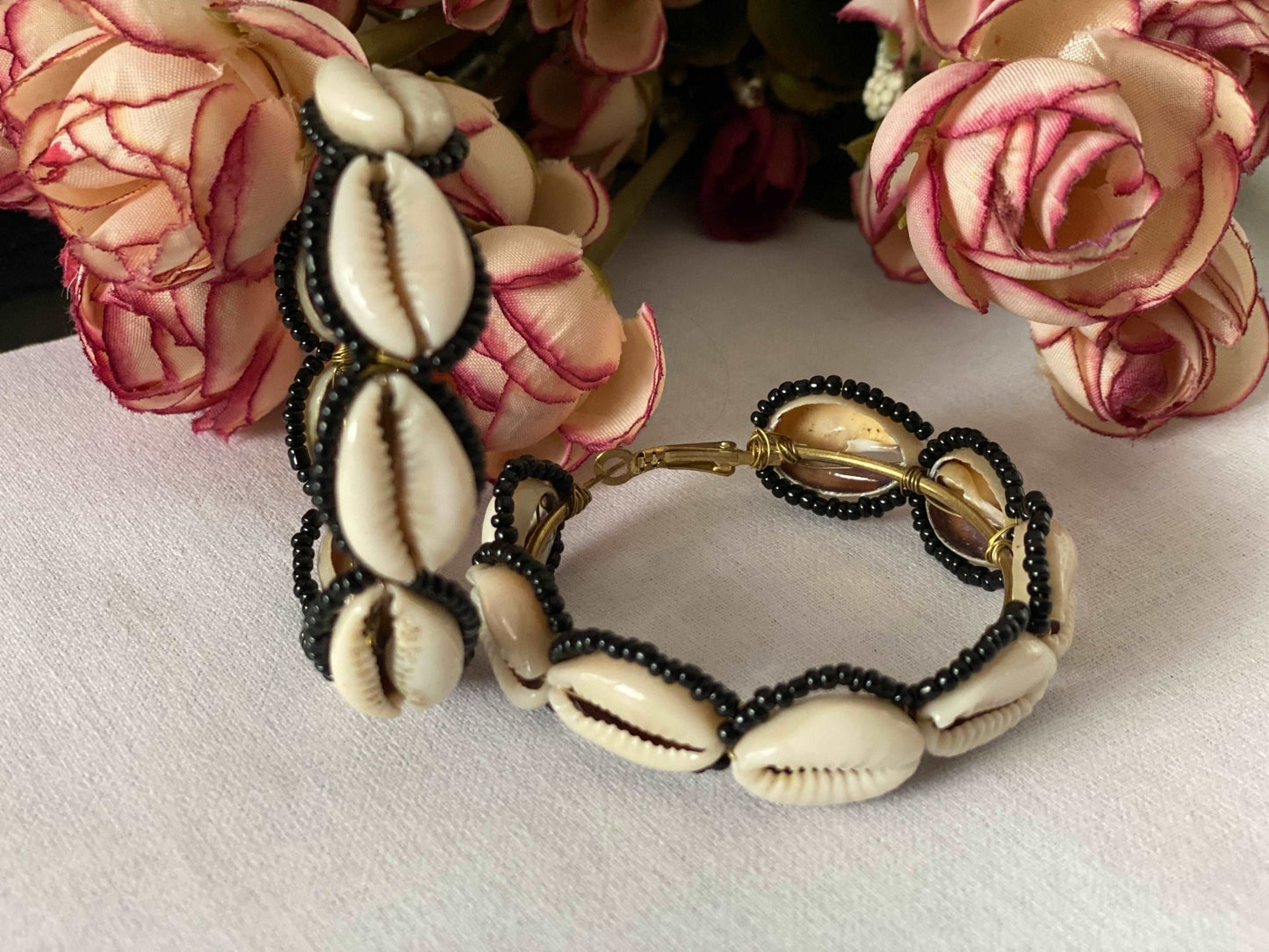 Black beaded shell hoops - Kalakari