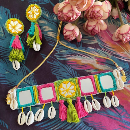 Boho mirror work choker and earrings - Kalakari