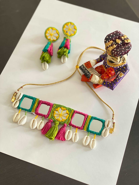 Boho mirror work choker and earrings - Kalakari