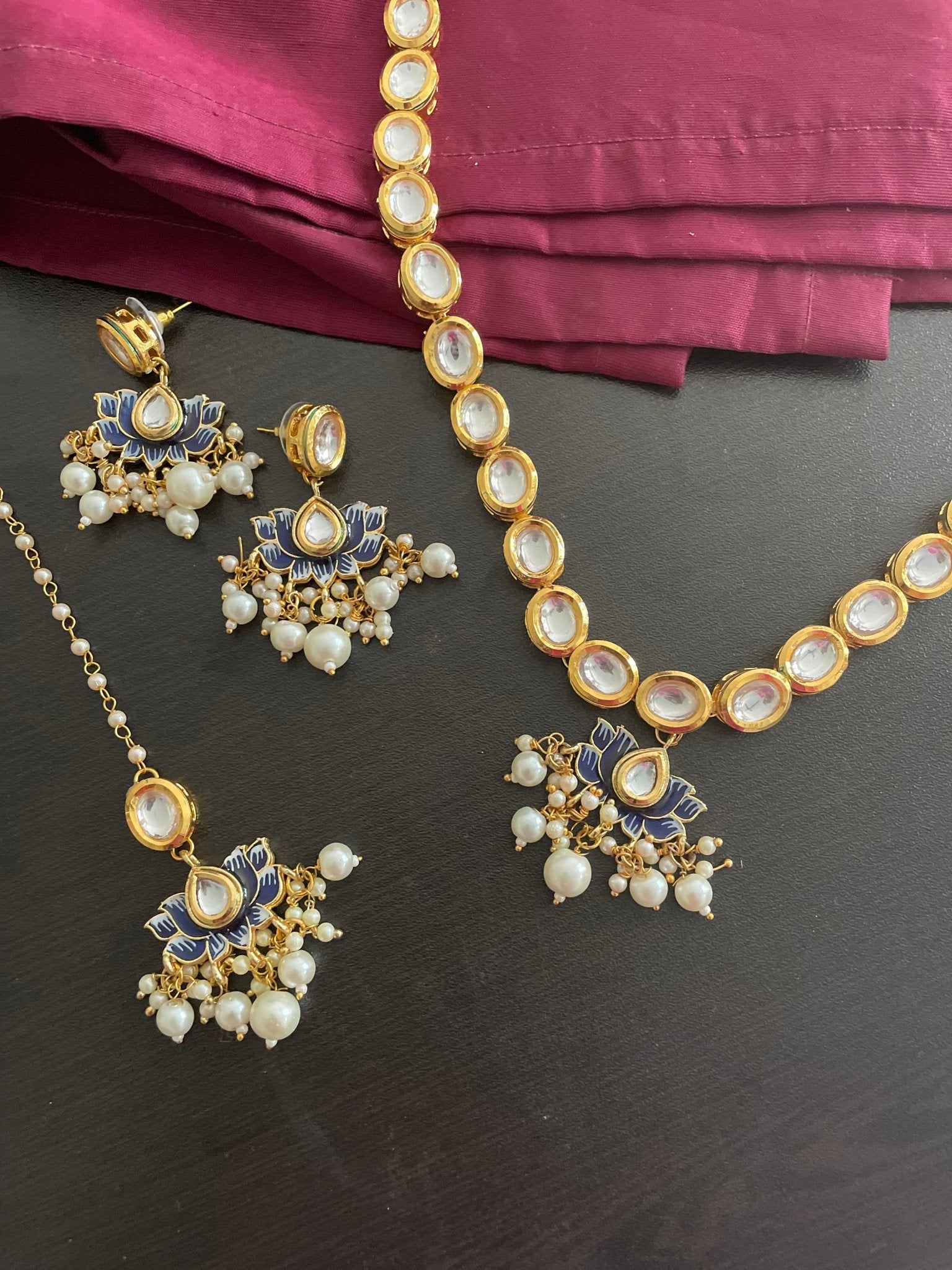 Kundan necklace with lotus pendant - Kalakari