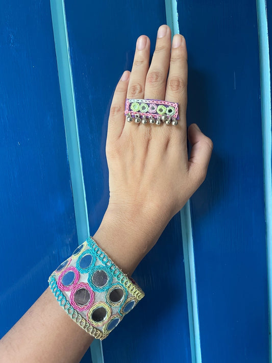 Kutchi work pastel ring and bracelet - Kalakari