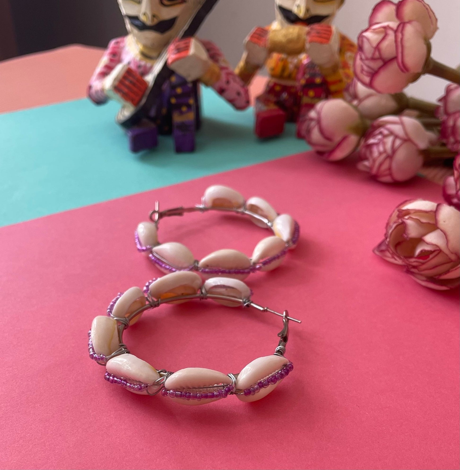 Purple beaded shell hoops - Kalakari