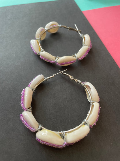 Purple beaded shell hoops - Kalakari