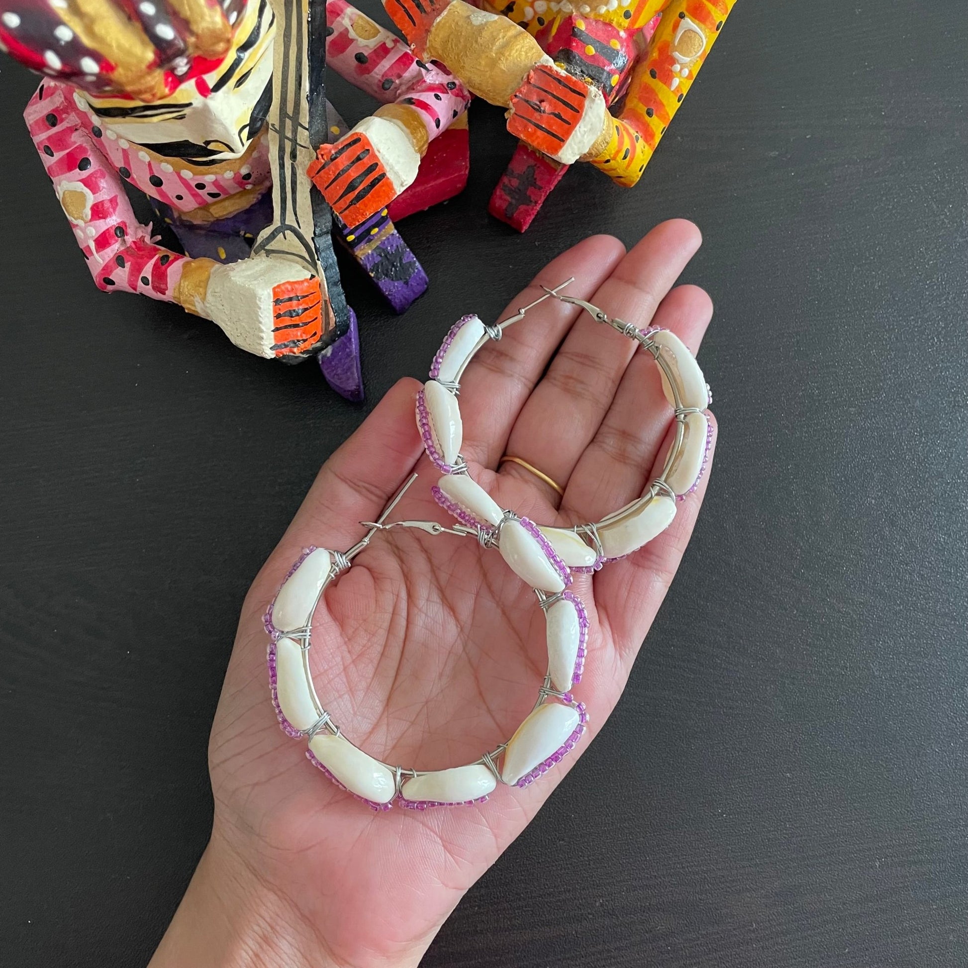 Purple beaded shell hoops - Kalakari