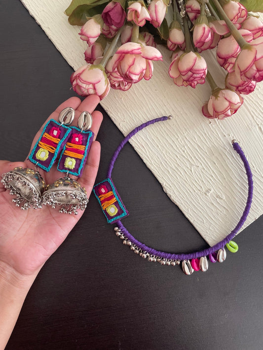 Purple saga hasli and earrings - Kalakari