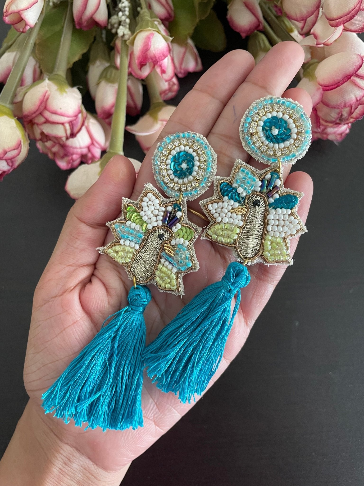 Quirky zardosi work peacock danglers - Kalakari