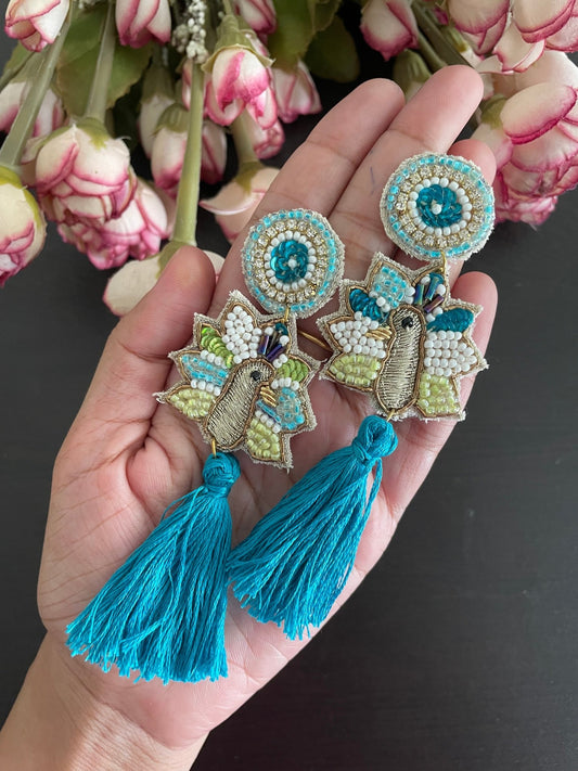 Quirky zardosi work peacock danglers - Kalakari