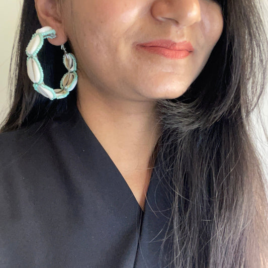Teal beaded shell hoops - Kalakari