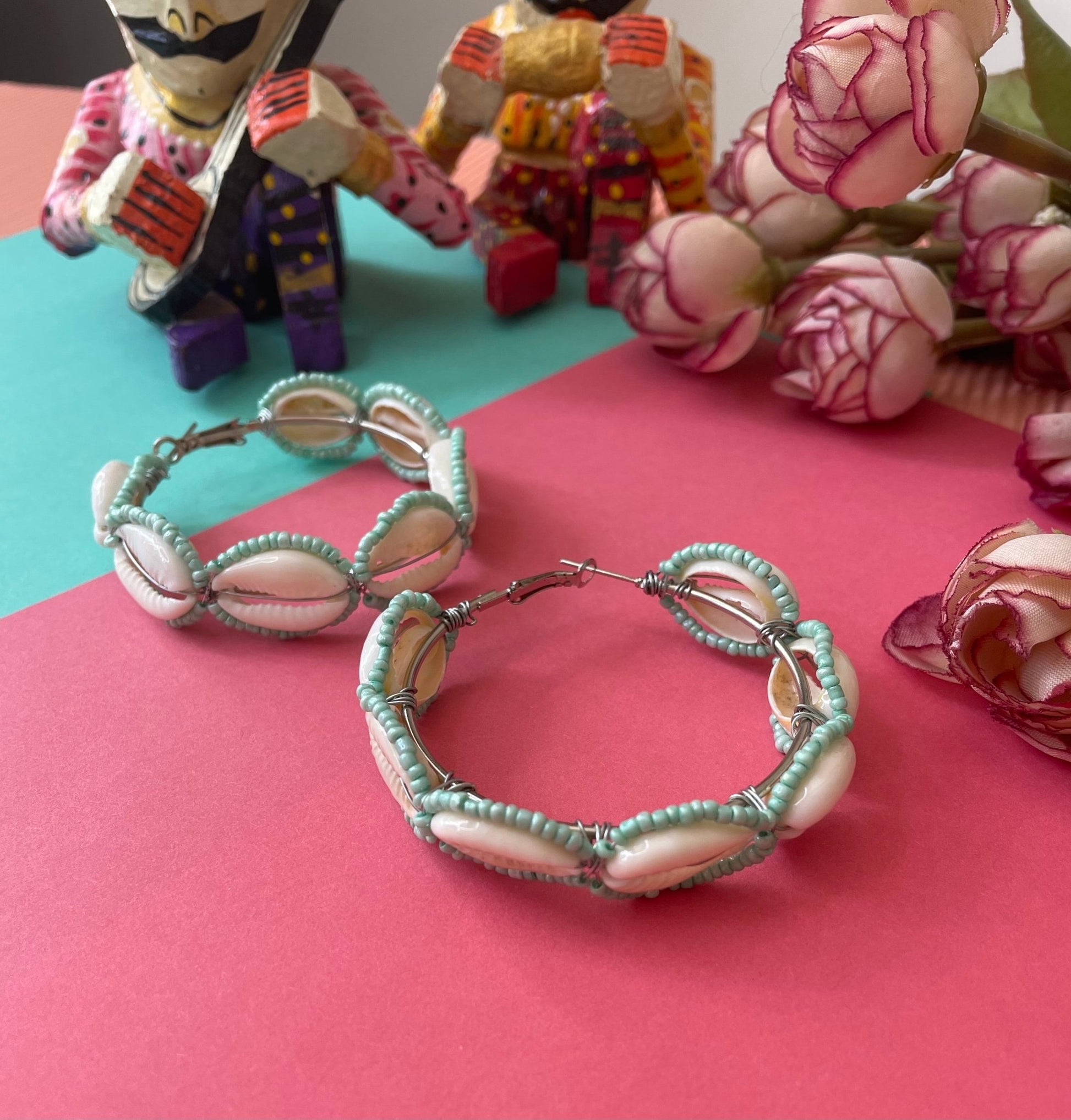 Teal beaded shell hoops - Kalakari