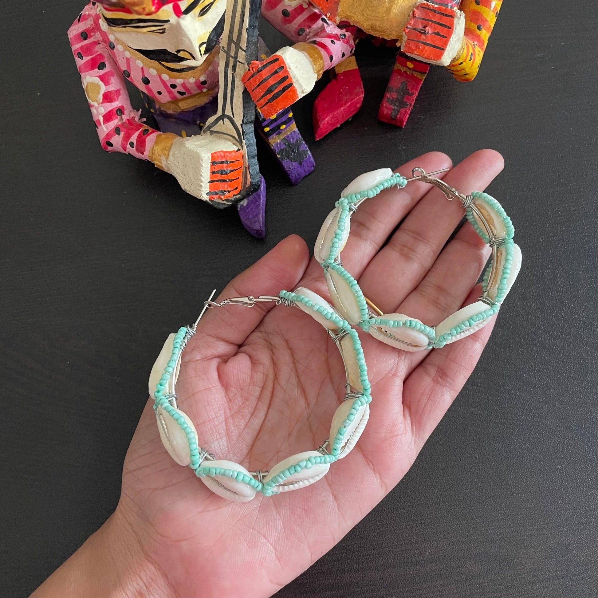 Teal beaded shell hoops - Kalakari